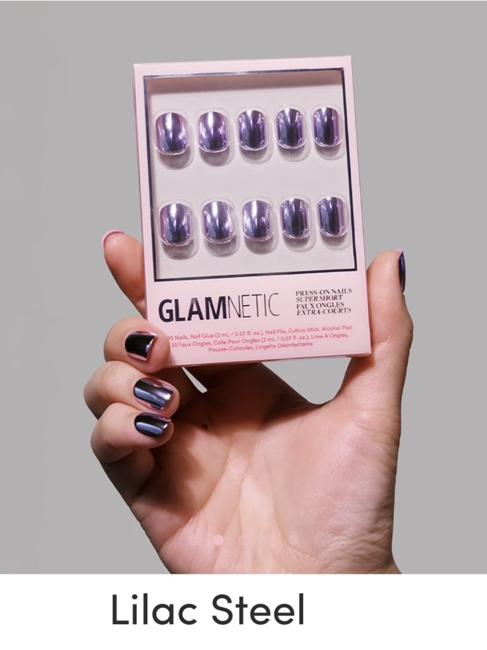 GLAMNETIC Lilac Steel Press-On Nails - Shiny Metallic Purple Super Short Set